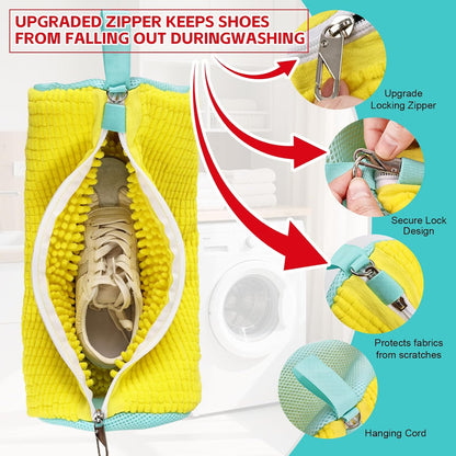 Shoe Washing Machine Bag Reusable Sneaker Washing Bag with Built-in Fluffy Brushes for 360° All-Around Cleaning, Laundry Shoe Bag is Designed for Washer and Dryer （Yellow ）