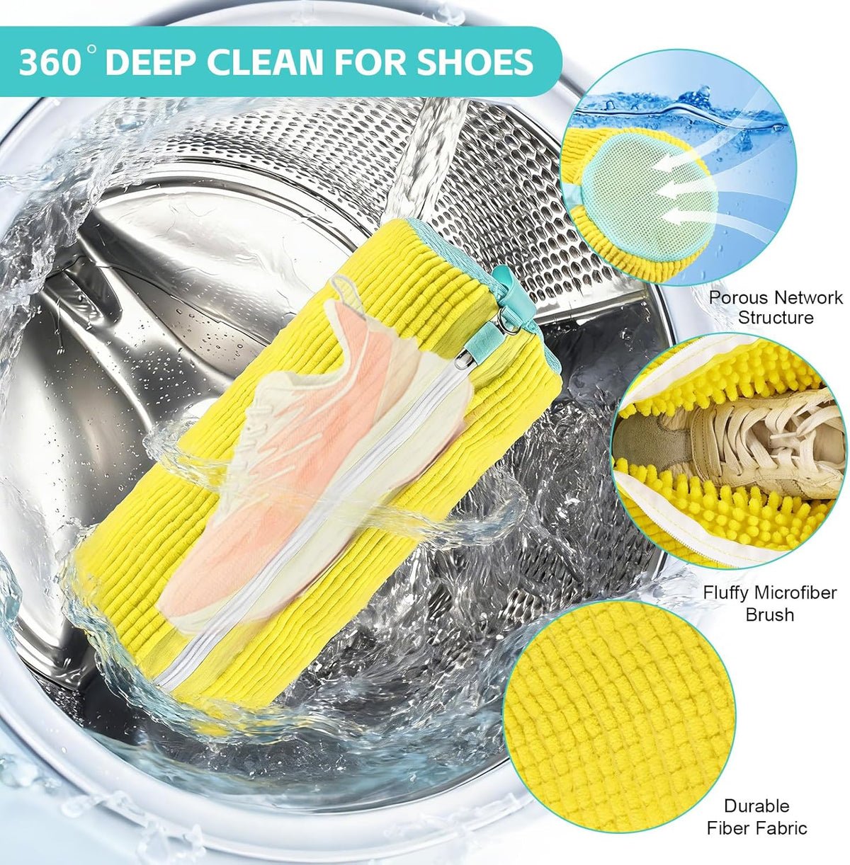 Shoe Washing Machine Bag Reusable Sneaker Washing Bag with Built-in Fluffy Brushes for 360° All-Around Cleaning, Laundry Shoe Bag is Designed for Washer and Dryer （Yellow ）