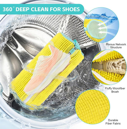 Shoe Washing Machine Bag Reusable Sneaker Washing Bag with Built-in Fluffy Brushes for 360° All-Around Cleaning, Laundry Shoe Bag is Designed for Washer and Dryer （Yellow ）