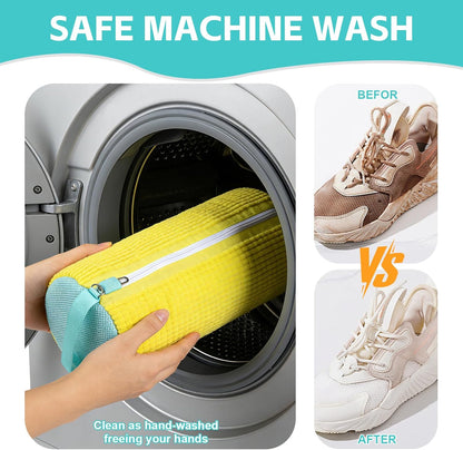 Shoe Washing Machine Bag Reusable Sneaker Washing Bag with Built-in Fluffy Brushes for 360° All-Around Cleaning, Laundry Shoe Bag is Designed for Washer and Dryer （Yellow ）