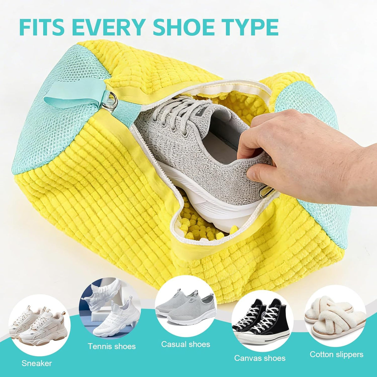 Shoe Washing Machine Bag Reusable Sneaker Washing Bag with Built-in Fluffy Brushes for 360° All-Around Cleaning, Laundry Shoe Bag is Designed for Washer and Dryer （Yellow ）