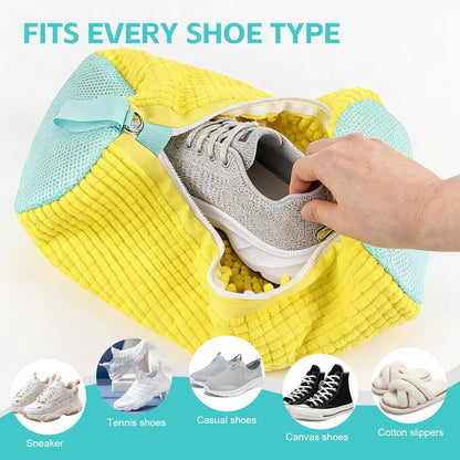 Shoe Washing Machine Bag Reusable Sneaker Washing Bag with Built-in Fluffy Brushes for 360° All-Around Cleaning, Laundry Shoe Bag is Designed for Washer and Dryer （Yellow ）