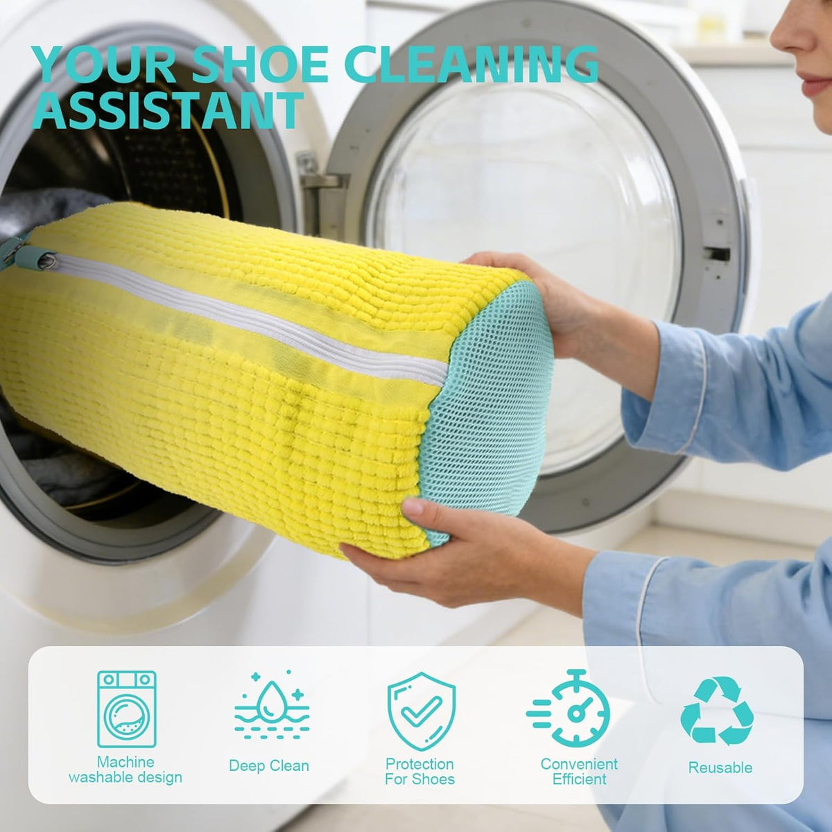 Shoe Washing Machine Bag Reusable Sneaker Washing Bag with Built-in Fluffy Brushes for 360° All-Around Cleaning, Laundry Shoe Bag is Designed for Washer and Dryer （Yellow ）