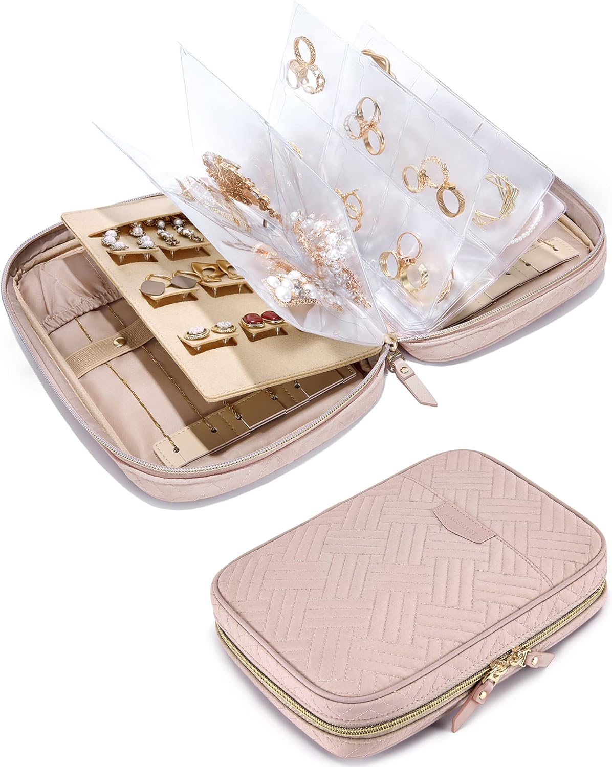Large Jewelry Travel Organizer Case for Home Jewelry Organizer Storage Ring Binder Jewelry Bags Clear Jewelry Rolls Zipper Pouch Bag for Necklaces, Earrings, Rings, Bracelets, Pink