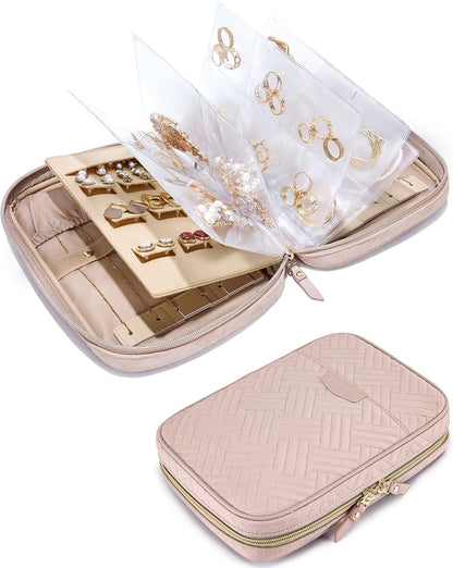Large Jewelry Travel Organizer Case for Home Jewelry Organizer Storage Ring Binder Jewelry Bags Clear Jewelry Rolls Zipper Pouch Bag for Necklaces, Earrings, Rings, Bracelets, Pink