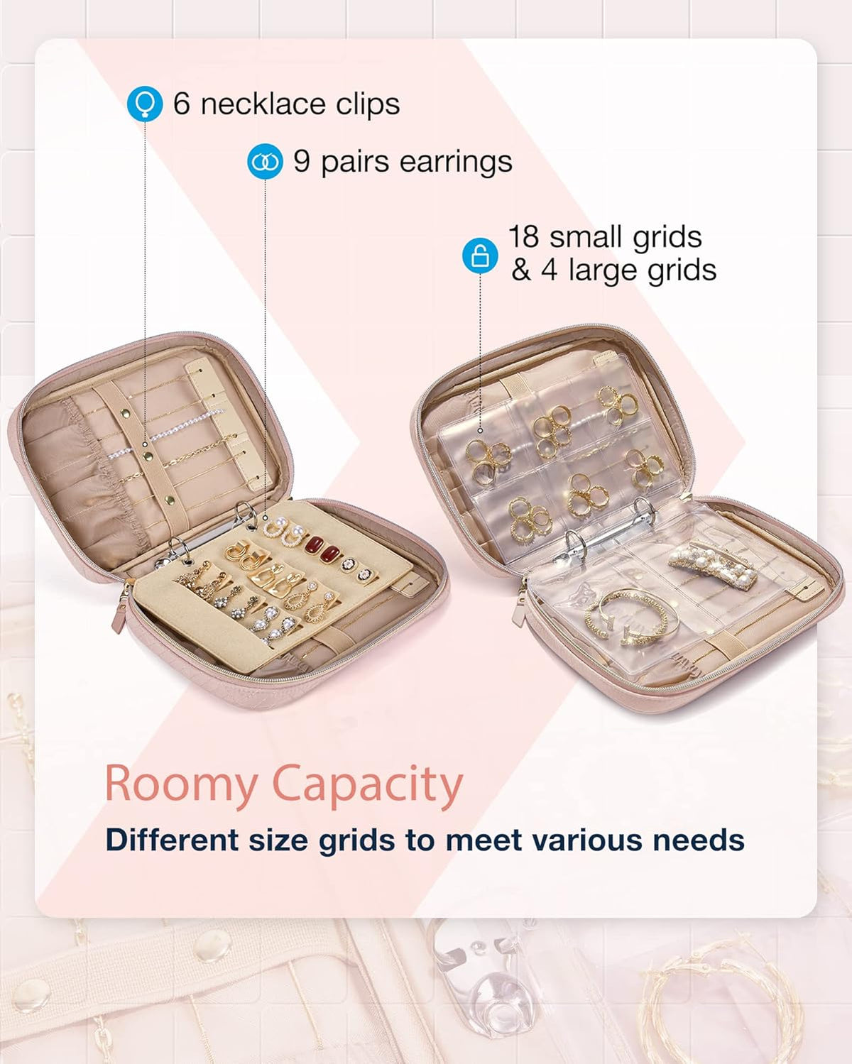 Large Jewelry Travel Organizer Case for Home Jewelry Organizer Storage Ring Binder Jewelry Bags Clear Jewelry Rolls Zipper Pouch Bag for Necklaces, Earrings, Rings, Bracelets, Pink