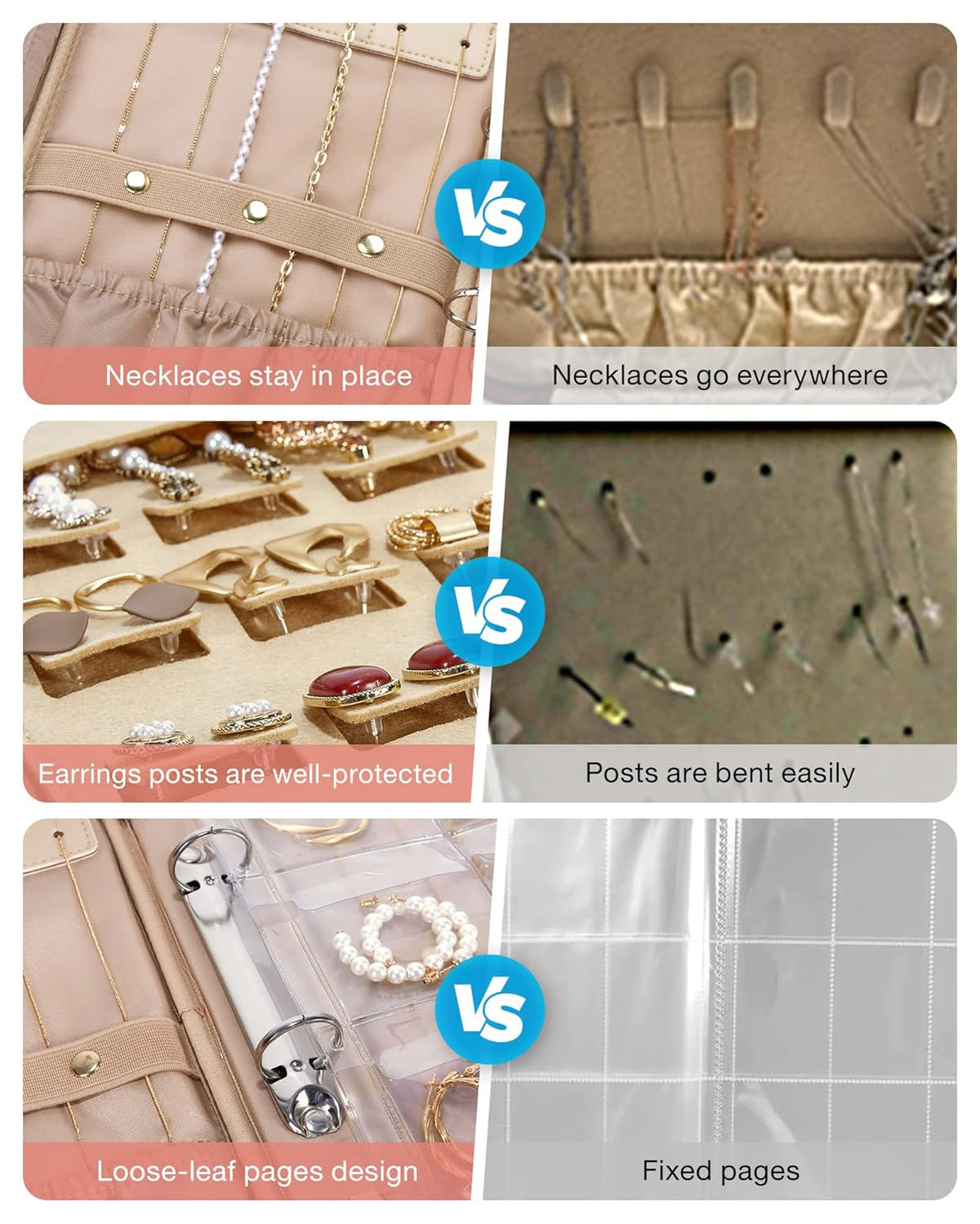 Large Jewelry Travel Organizer Case for Home Jewelry Organizer Storage Ring Binder Jewelry Bags Clear Jewelry Rolls Zipper Pouch Bag for Necklaces, Earrings, Rings, Bracelets, Pink