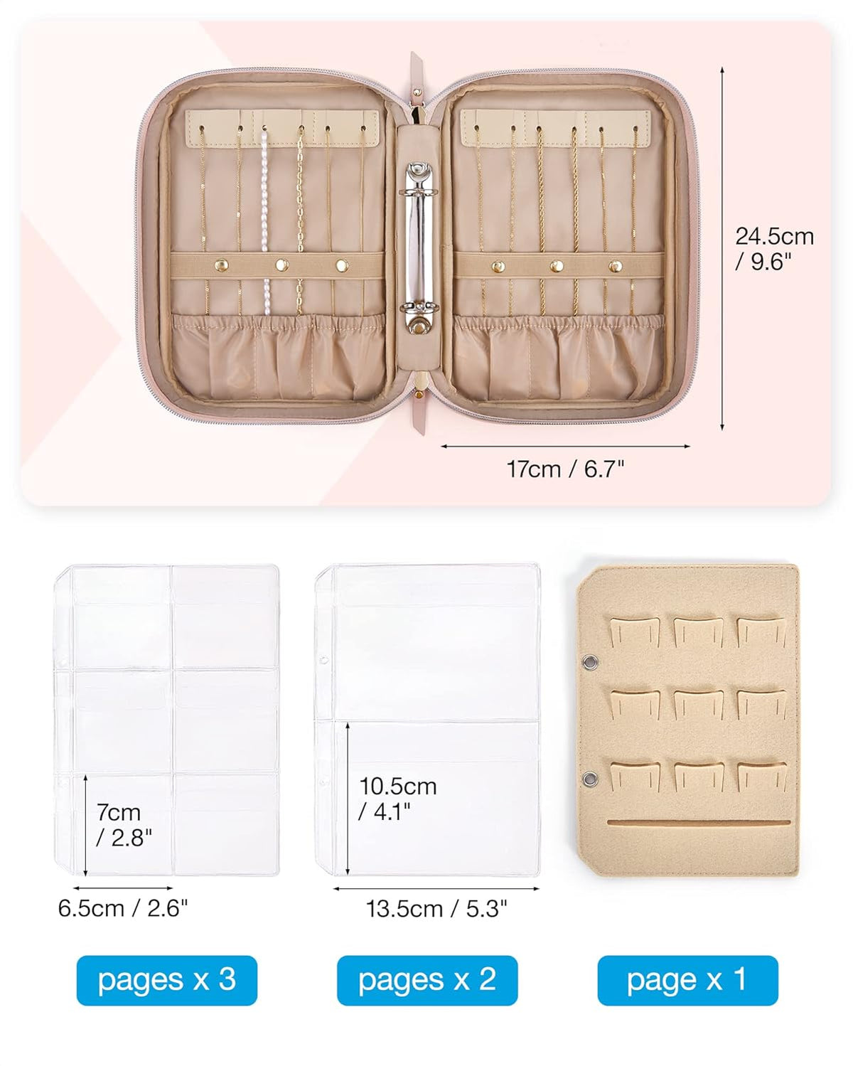 Large Jewelry Travel Organizer Case for Home Jewelry Organizer Storage Ring Binder Jewelry Bags Clear Jewelry Rolls Zipper Pouch Bag for Necklaces, Earrings, Rings, Bracelets, Pink