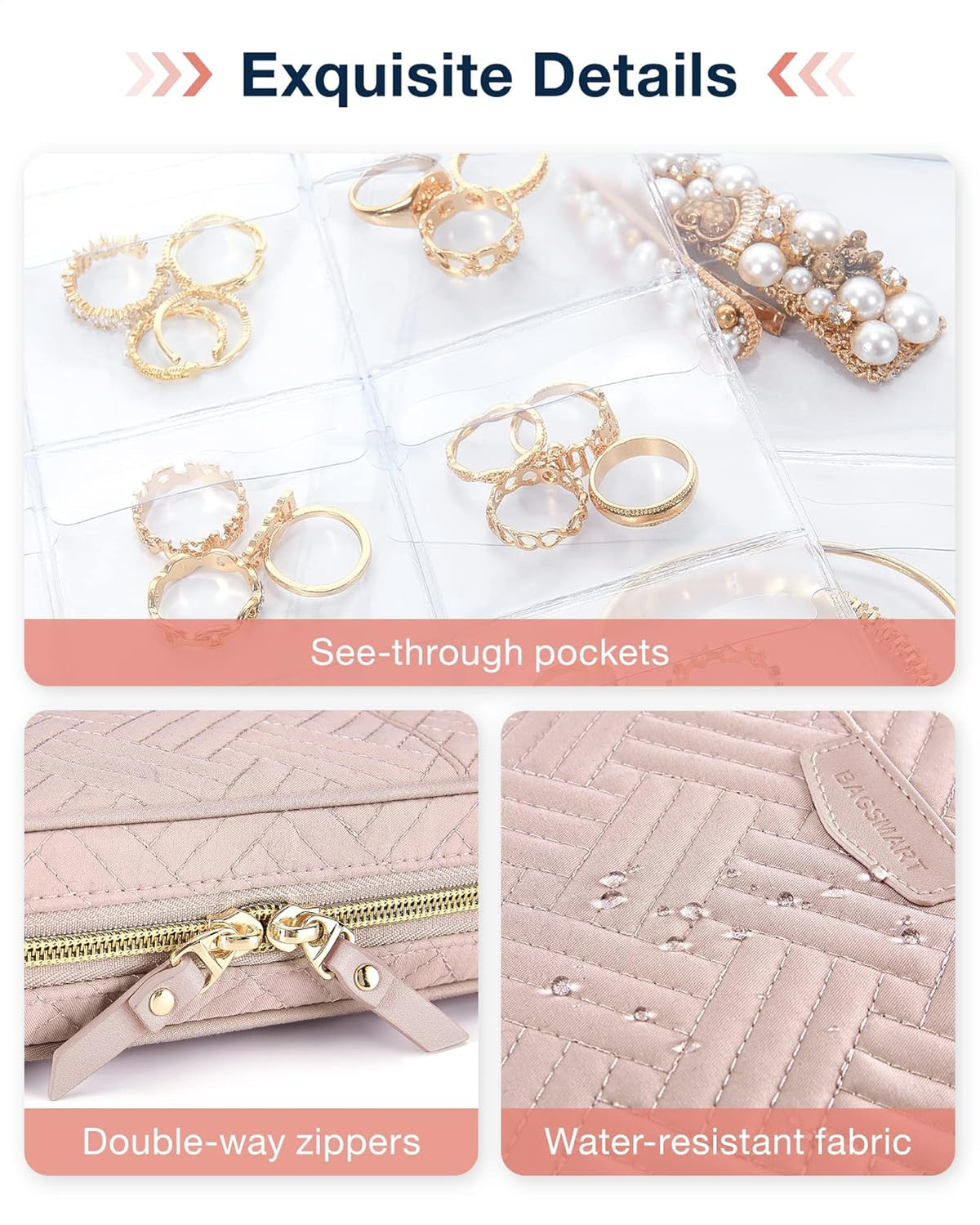 Large Jewelry Travel Organizer Case for Home Jewelry Organizer Storage Ring Binder Jewelry Bags Clear Jewelry Rolls Zipper Pouch Bag for Necklaces, Earrings, Rings, Bracelets, Pink