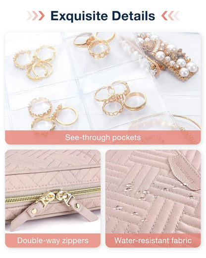 Large Jewelry Travel Organizer Case for Home Jewelry Organizer Storage Ring Binder Jewelry Bags Clear Jewelry Rolls Zipper Pouch Bag for Necklaces, Earrings, Rings, Bracelets, Pink
