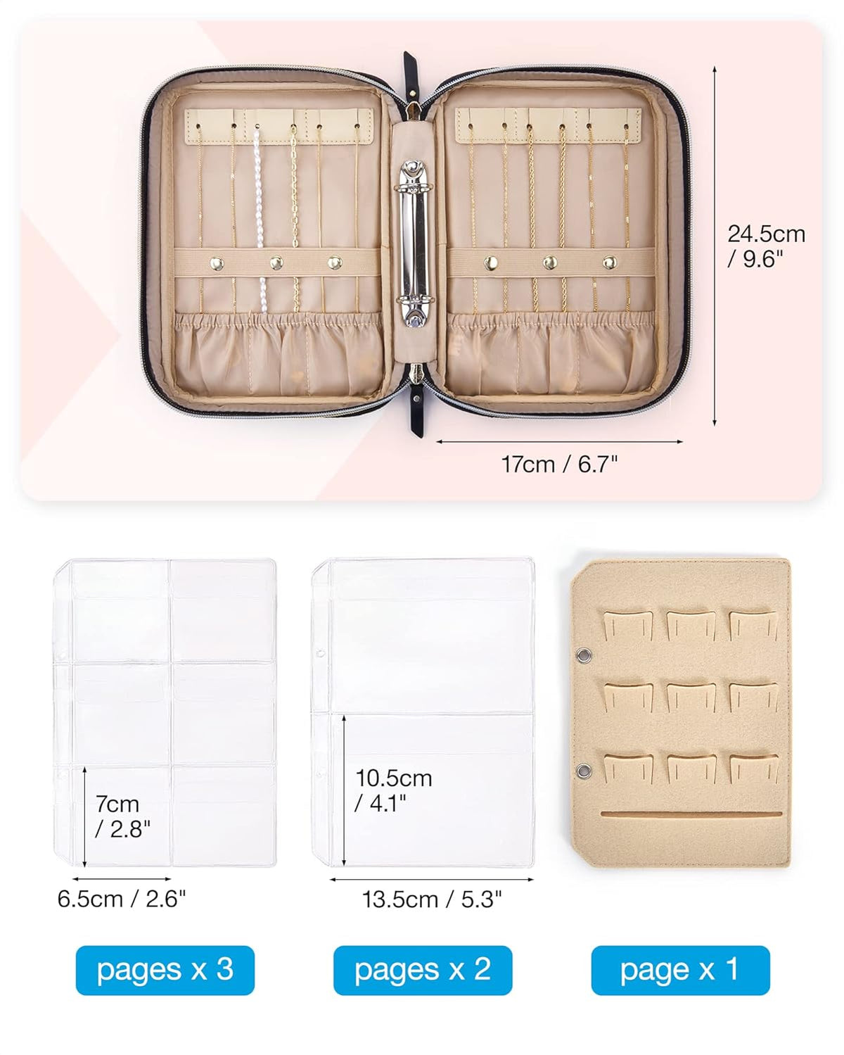 Large Jewelry Travel Organizer Case for Home Jewelry Organizer Storage Ring Binder Jewelry Bags Clear Jewelry Rolls Zipper Pouch Bag for Necklaces, Earrings, Rings, Bracelets, Pink