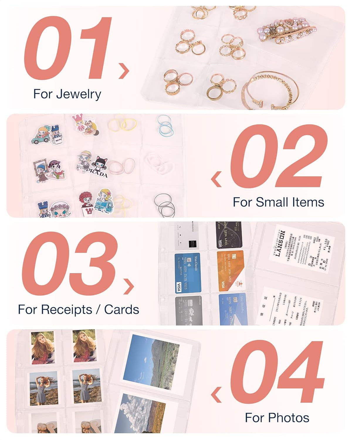 Large Jewelry Travel Organizer Case for Home Jewelry Organizer Storage Ring Binder Jewelry Bags Clear Jewelry Rolls Zipper Pouch Bag for Necklaces, Earrings, Rings, Bracelets, Pink