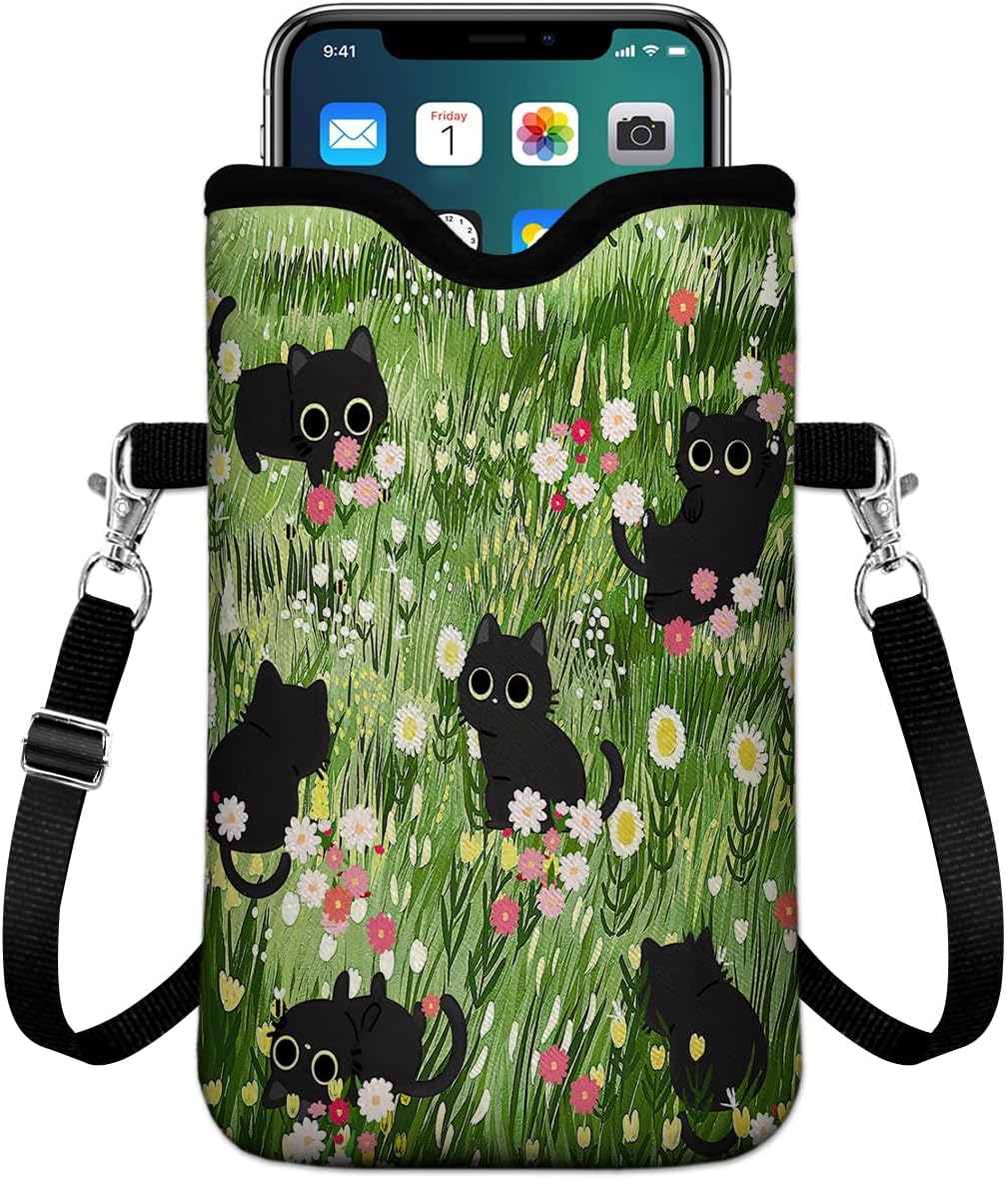 Universal Phone Sleeve Pouch with Crossbody Strap 7.6 X 4.3 Inches Shockproof Water Resistant Mobile Protection Bag-Black Cat Floral Neoprene Phone Pouch Bag