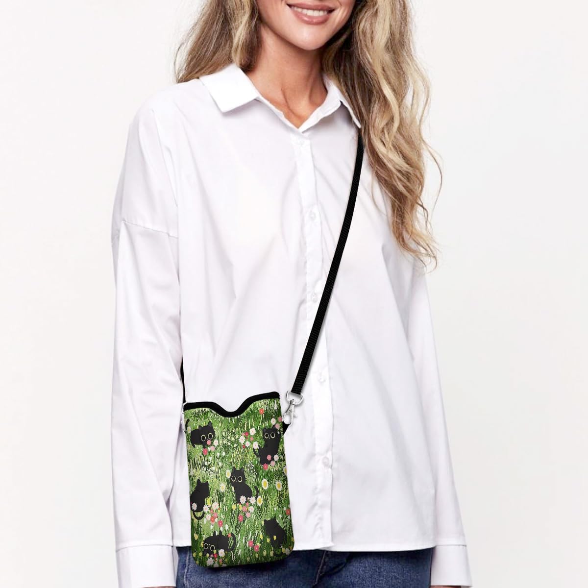 Universal Phone Sleeve Pouch with Crossbody Strap 7.6 X 4.3 Inches Shockproof Water Resistant Mobile Protection Bag-Black Cat Floral Neoprene Phone Pouch Bag