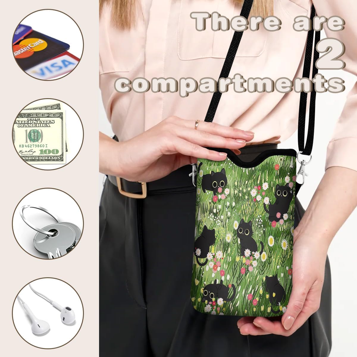 Universal Phone Sleeve Pouch with Crossbody Strap 7.6 X 4.3 Inches Shockproof Water Resistant Mobile Protection Bag-Black Cat Floral Neoprene Phone Pouch Bag