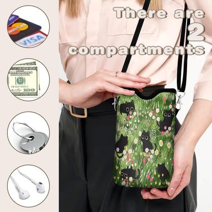 Universal Phone Sleeve Pouch with Crossbody Strap 7.6 X 4.3 Inches Shockproof Water Resistant Mobile Protection Bag-Black Cat Floral Neoprene Phone Pouch Bag