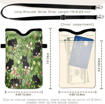 Universal Phone Sleeve Pouch with Crossbody Strap 7.6 X 4.3 Inches Shockproof Water Resistant Mobile Protection Bag-Black Cat Floral Neoprene Phone Pouch Bag