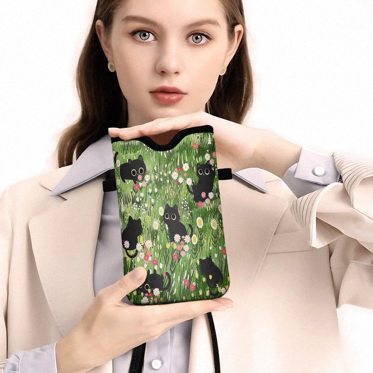 Universal Phone Sleeve Pouch with Crossbody Strap 7.6 X 4.3 Inches Shockproof Water Resistant Mobile Protection Bag-Black Cat Floral Neoprene Phone Pouch Bag