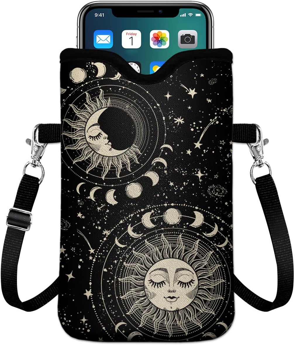 Universal Phone Sleeve Pouch with Crossbody Strap 7.6 X 4.3 Inches Shockproof Water Resistant Mobile Protection Bag-Black Cat Floral Neoprene Phone Pouch Bag