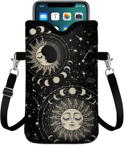 Universal Phone Sleeve Pouch with Crossbody Strap 7.6 X 4.3 Inches Shockproof Water Resistant Mobile Protection Bag-Black Cat Floral Neoprene Phone Pouch Bag