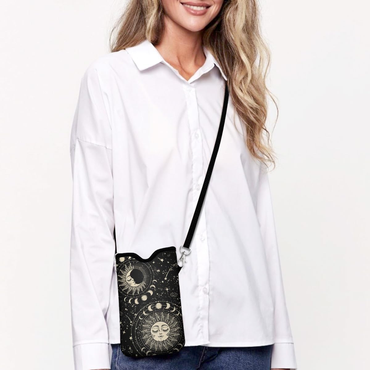 Universal Phone Sleeve Pouch with Crossbody Strap 7.6 X 4.3 Inches Shockproof Water Resistant Mobile Protection Bag-Black Cat Floral Neoprene Phone Pouch Bag