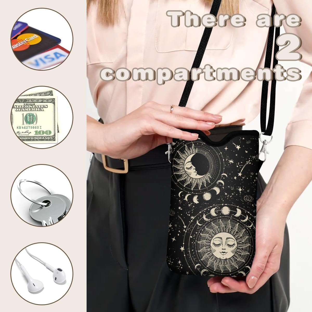 Universal Phone Sleeve Pouch with Crossbody Strap 7.6 X 4.3 Inches Shockproof Water Resistant Mobile Protection Bag-Black Cat Floral Neoprene Phone Pouch Bag