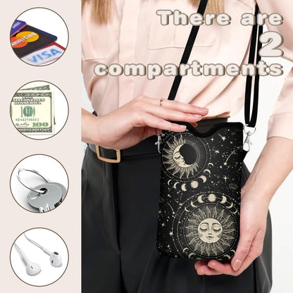 Universal Phone Sleeve Pouch with Crossbody Strap 7.6 X 4.3 Inches Shockproof Water Resistant Mobile Protection Bag-Black Cat Floral Neoprene Phone Pouch Bag