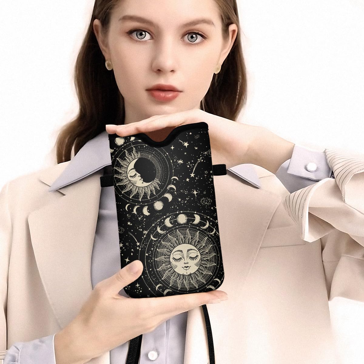 Universal Phone Sleeve Pouch with Crossbody Strap 7.6 X 4.3 Inches Shockproof Water Resistant Mobile Protection Bag-Black Cat Floral Neoprene Phone Pouch Bag
