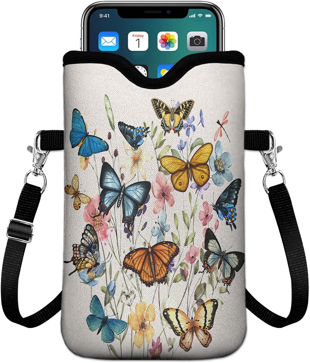 Universal Phone Sleeve Pouch with Crossbody Strap 7.6 X 4.3 Inches Shockproof Water Resistant Mobile Protection Bag-Black Cat Floral Neoprene Phone Pouch Bag