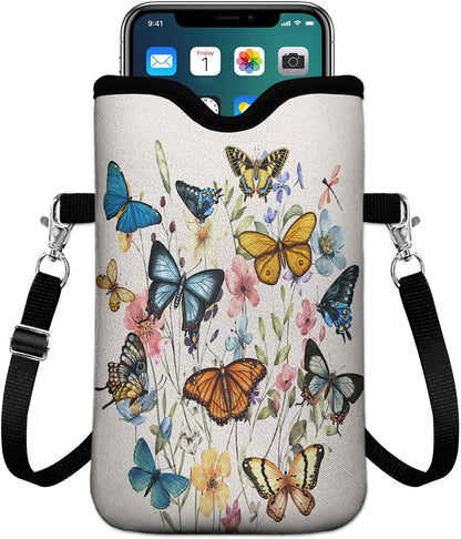 Universal Phone Sleeve Pouch with Crossbody Strap 7.6 X 4.3 Inches Shockproof Water Resistant Mobile Protection Bag-Black Cat Floral Neoprene Phone Pouch Bag
