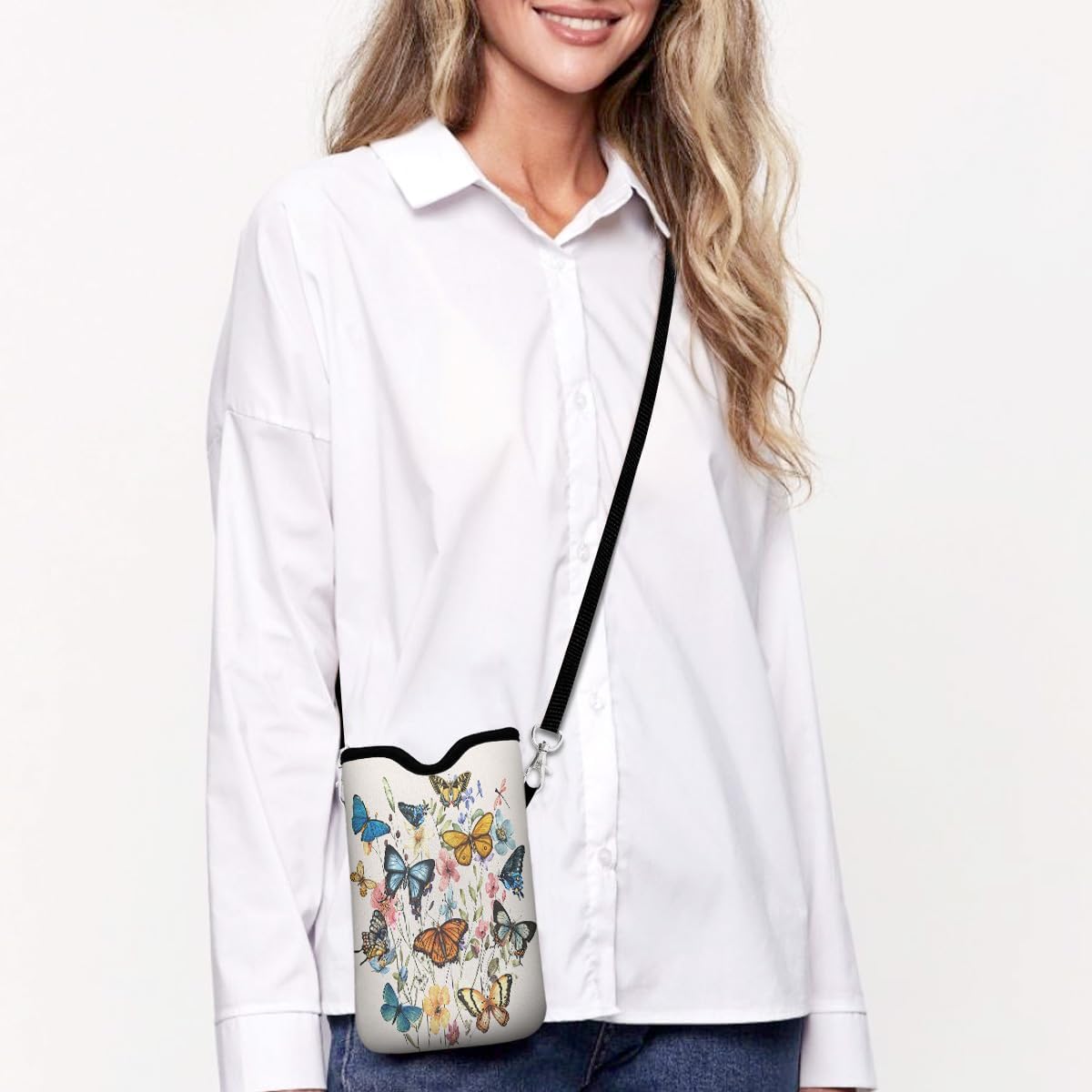 Universal Phone Sleeve Pouch with Crossbody Strap 7.6 X 4.3 Inches Shockproof Water Resistant Mobile Protection Bag-Black Cat Floral Neoprene Phone Pouch Bag