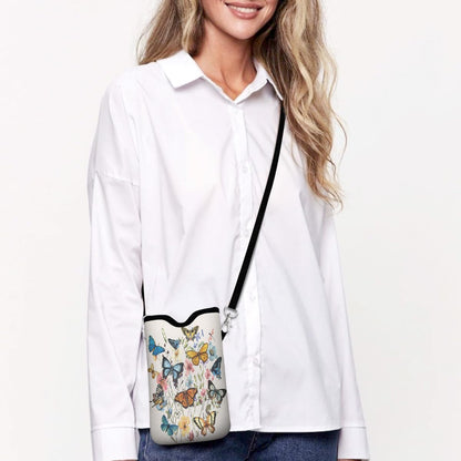 Universal Phone Sleeve Pouch with Crossbody Strap 7.6 X 4.3 Inches Shockproof Water Resistant Mobile Protection Bag-Black Cat Floral Neoprene Phone Pouch Bag