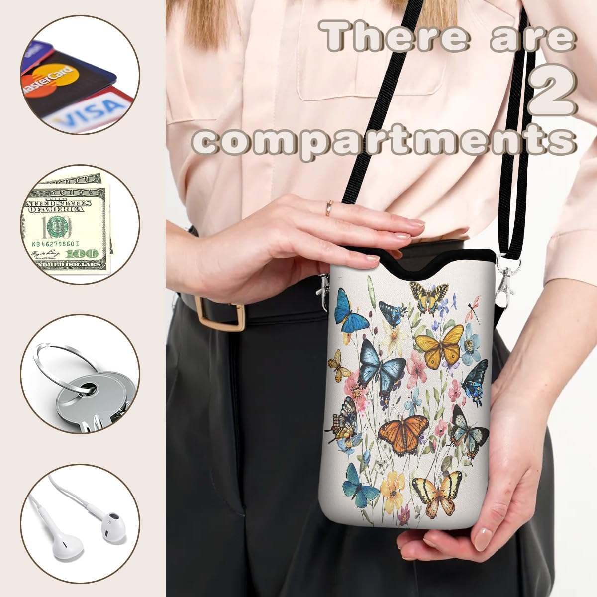 Universal Phone Sleeve Pouch with Crossbody Strap 7.6 X 4.3 Inches Shockproof Water Resistant Mobile Protection Bag-Black Cat Floral Neoprene Phone Pouch Bag