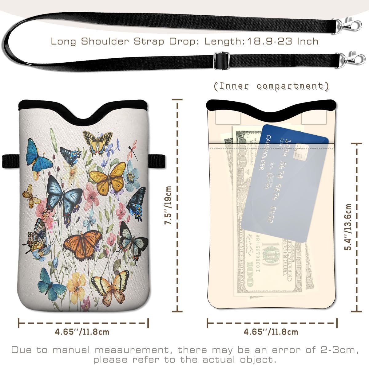 Universal Phone Sleeve Pouch with Crossbody Strap 7.6 X 4.3 Inches Shockproof Water Resistant Mobile Protection Bag-Black Cat Floral Neoprene Phone Pouch Bag