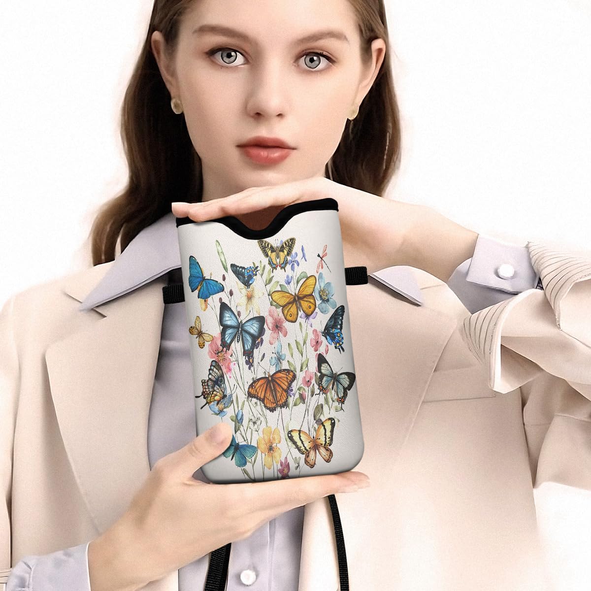 Universal Phone Sleeve Pouch with Crossbody Strap 7.6 X 4.3 Inches Shockproof Water Resistant Mobile Protection Bag-Black Cat Floral Neoprene Phone Pouch Bag