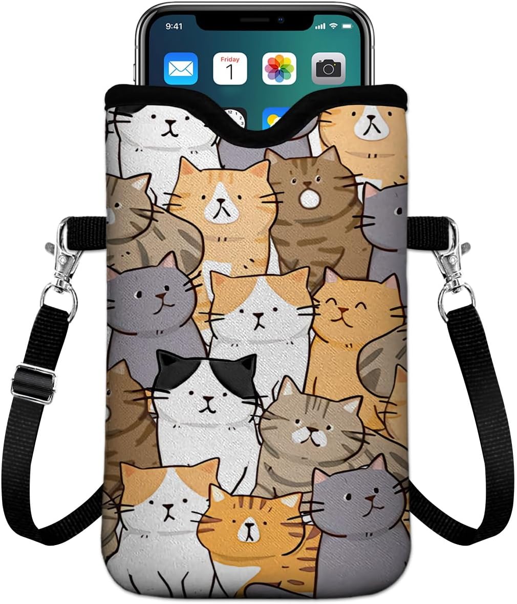Universal Phone Sleeve Pouch with Crossbody Strap 7.6 X 4.3 Inches Shockproof Water Resistant Mobile Protection Bag-Black Cat Floral Neoprene Phone Pouch Bag