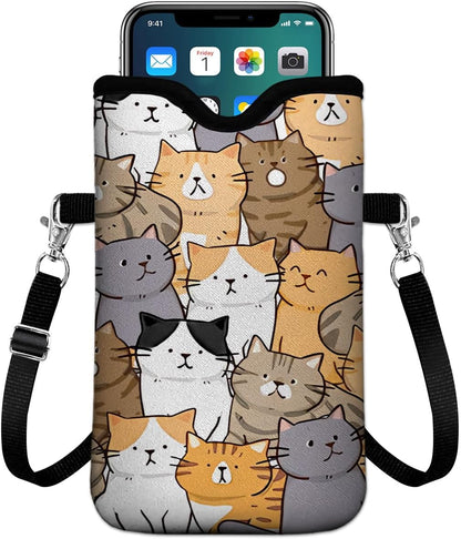 Universal Phone Sleeve Pouch with Crossbody Strap 7.6 X 4.3 Inches Shockproof Water Resistant Mobile Protection Bag-Black Cat Floral Neoprene Phone Pouch Bag
