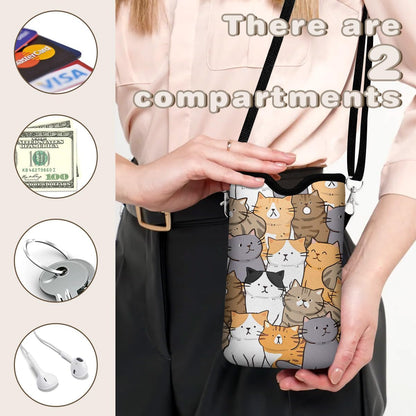 Universal Phone Sleeve Pouch with Crossbody Strap 7.6 X 4.3 Inches Shockproof Water Resistant Mobile Protection Bag-Black Cat Floral Neoprene Phone Pouch Bag