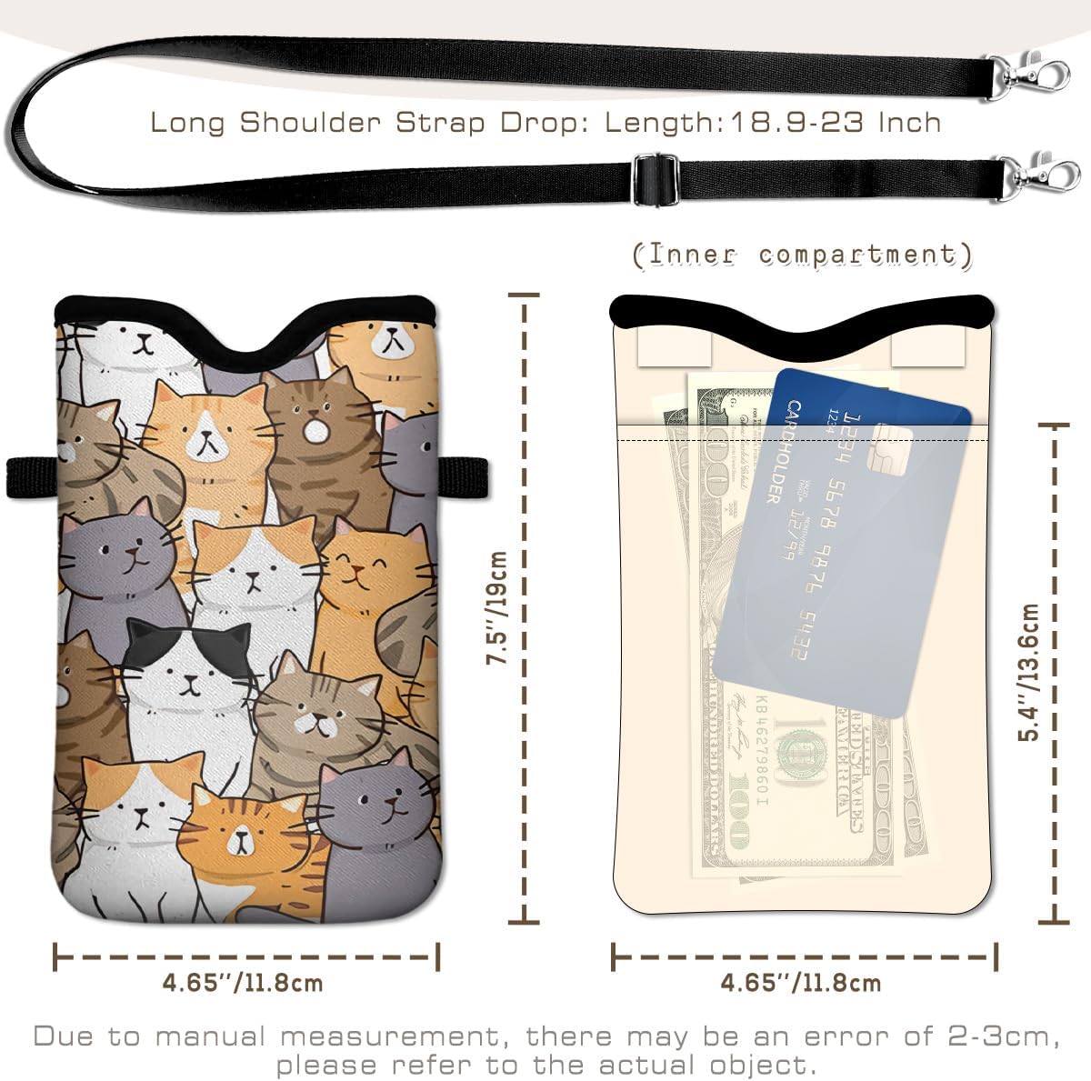 Universal Phone Sleeve Pouch with Crossbody Strap 7.6 X 4.3 Inches Shockproof Water Resistant Mobile Protection Bag-Black Cat Floral Neoprene Phone Pouch Bag