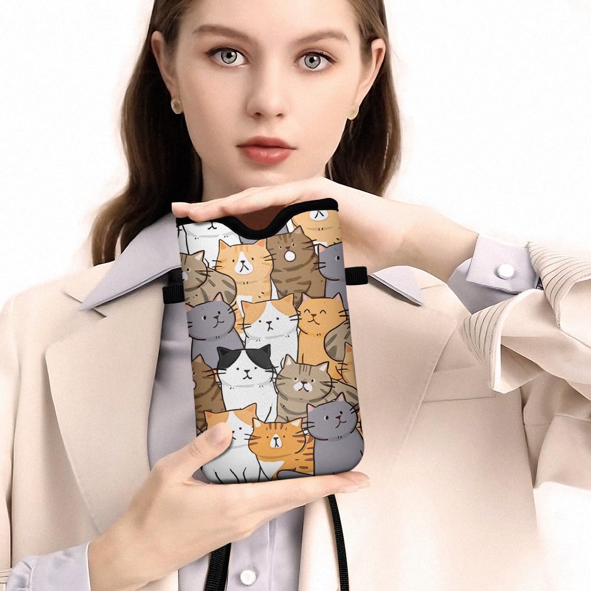 Universal Phone Sleeve Pouch with Crossbody Strap 7.6 X 4.3 Inches Shockproof Water Resistant Mobile Protection Bag-Black Cat Floral Neoprene Phone Pouch Bag
