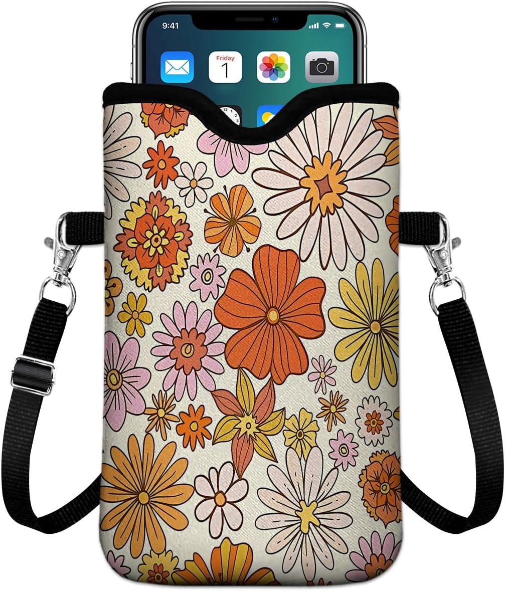 Universal Phone Sleeve Pouch with Crossbody Strap 7.6 X 4.3 Inches Shockproof Water Resistant Mobile Protection Bag-Black Cat Floral Neoprene Phone Pouch Bag