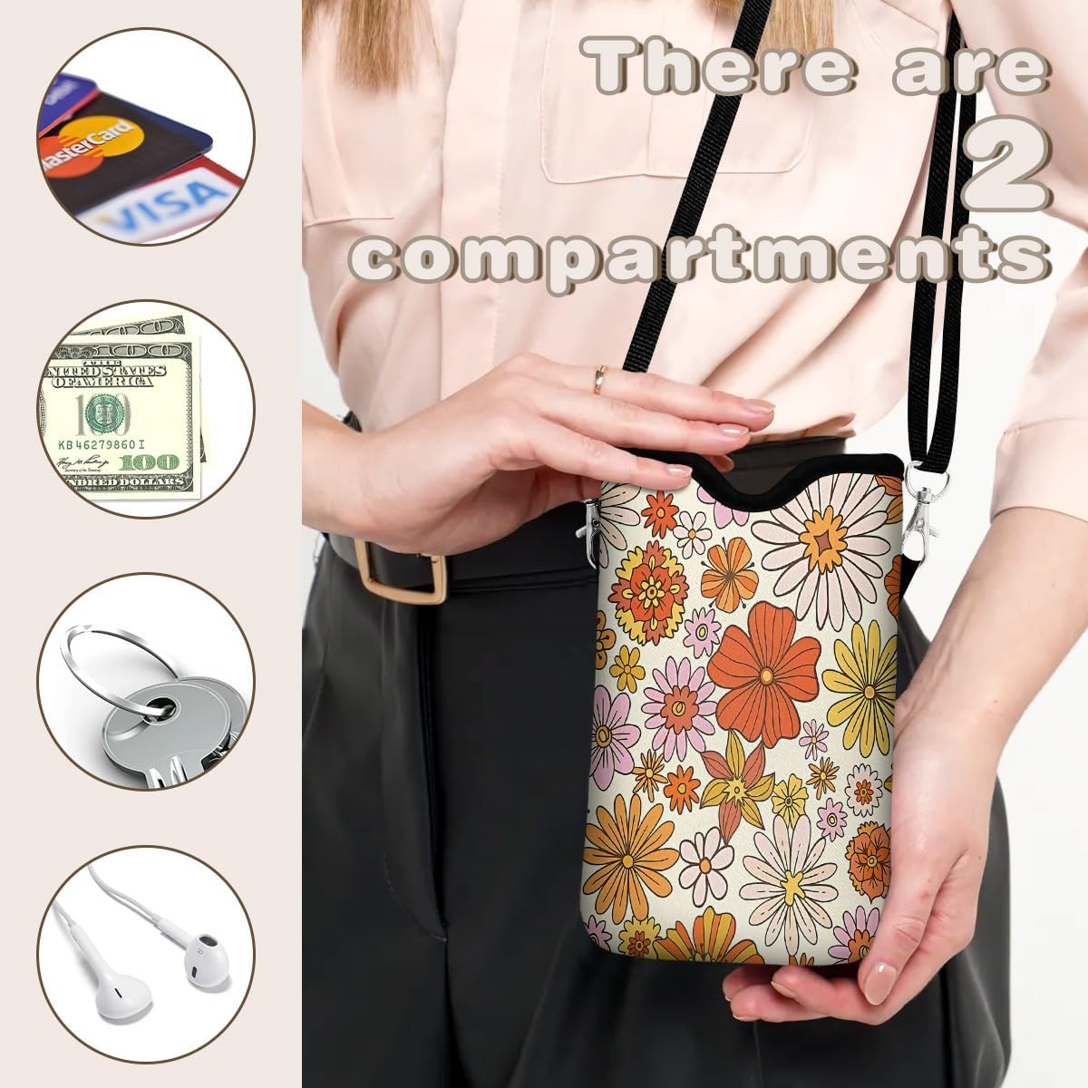 Universal Phone Sleeve Pouch with Crossbody Strap 7.6 X 4.3 Inches Shockproof Water Resistant Mobile Protection Bag-Black Cat Floral Neoprene Phone Pouch Bag