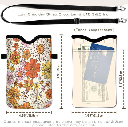 Universal Phone Sleeve Pouch with Crossbody Strap 7.6 X 4.3 Inches Shockproof Water Resistant Mobile Protection Bag-Black Cat Floral Neoprene Phone Pouch Bag