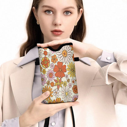 Universal Phone Sleeve Pouch with Crossbody Strap 7.6 X 4.3 Inches Shockproof Water Resistant Mobile Protection Bag-Black Cat Floral Neoprene Phone Pouch Bag