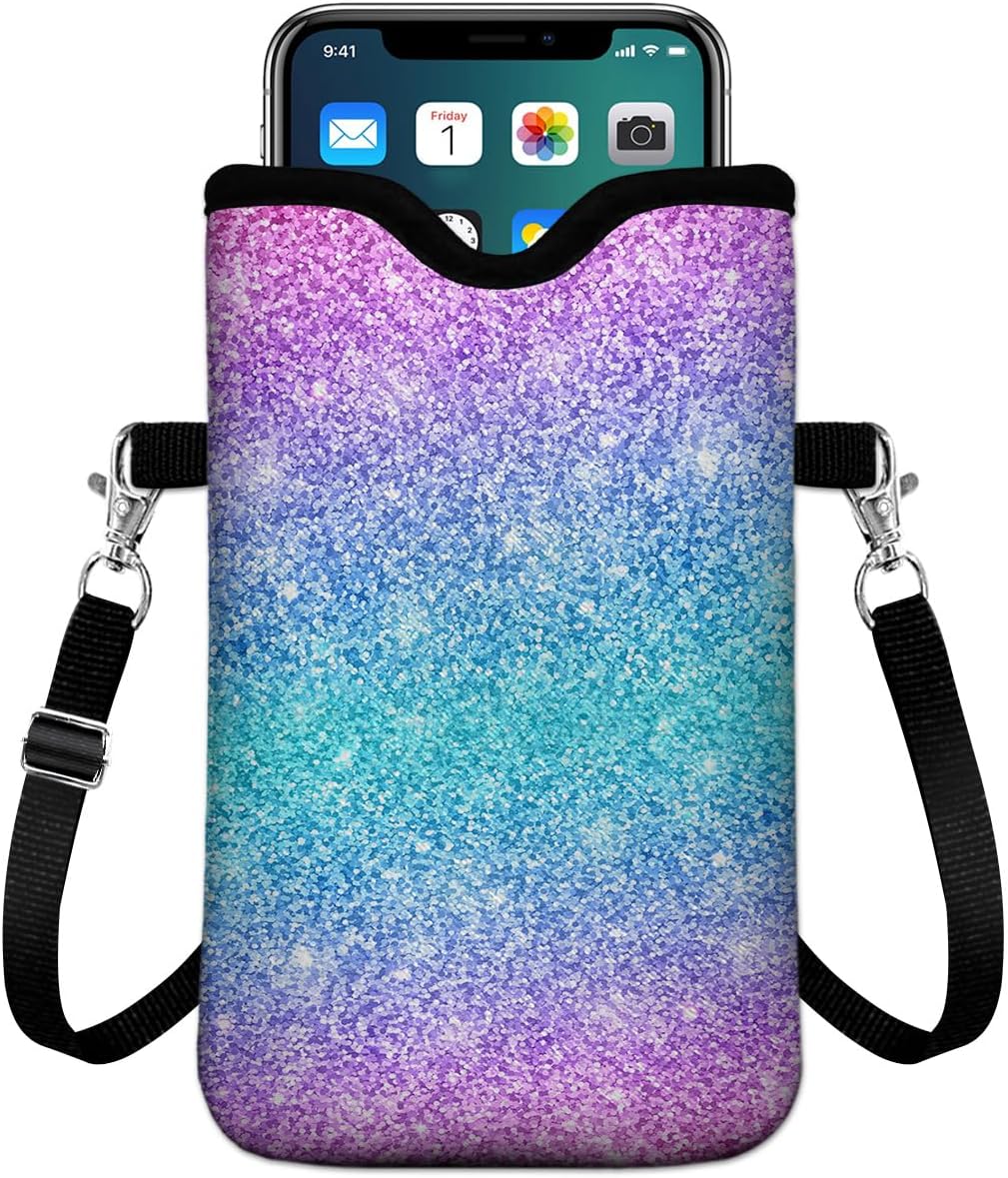 Universal Phone Sleeve Pouch with Crossbody Strap 7.6 X 4.3 Inches Shockproof Water Resistant Mobile Protection Bag-Black Cat Floral Neoprene Phone Pouch Bag