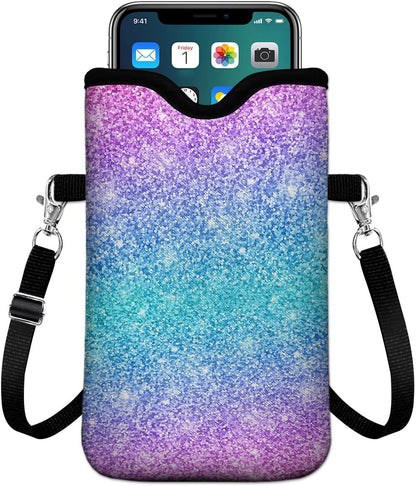 Universal Phone Sleeve Pouch with Crossbody Strap 7.6 X 4.3 Inches Shockproof Water Resistant Mobile Protection Bag-Black Cat Floral Neoprene Phone Pouch Bag