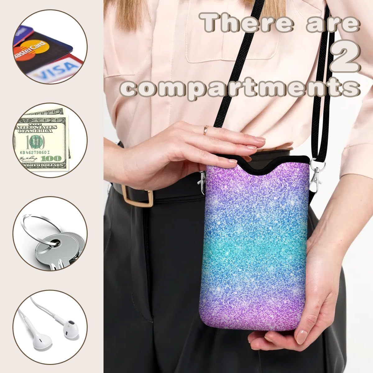 Universal Phone Sleeve Pouch with Crossbody Strap 7.6 X 4.3 Inches Shockproof Water Resistant Mobile Protection Bag-Black Cat Floral Neoprene Phone Pouch Bag