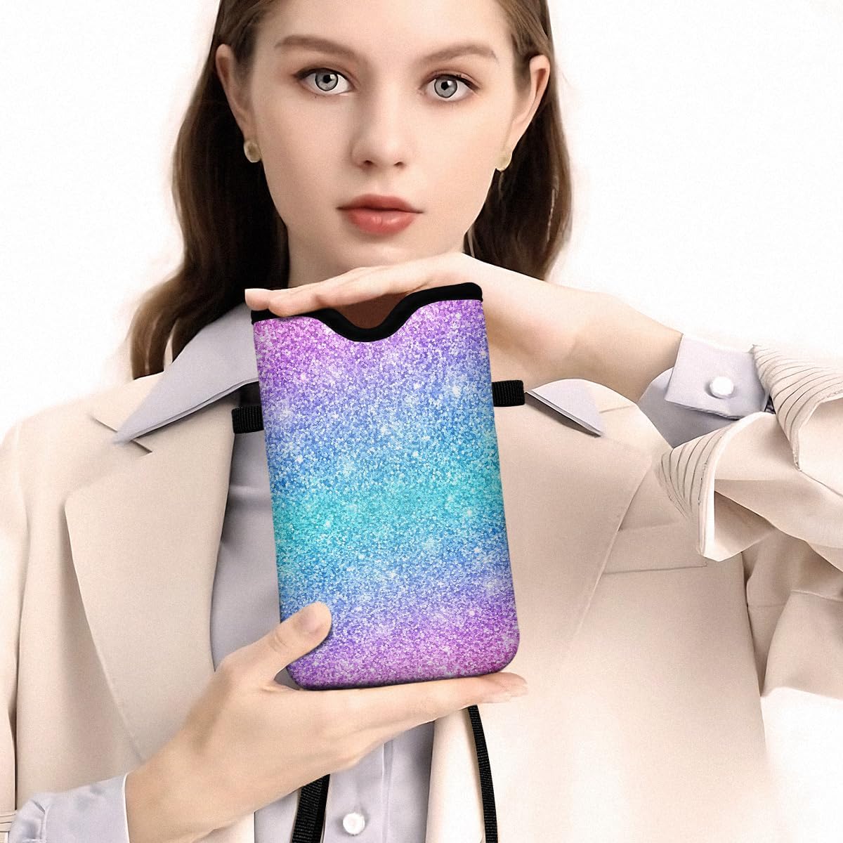 Universal Phone Sleeve Pouch with Crossbody Strap 7.6 X 4.3 Inches Shockproof Water Resistant Mobile Protection Bag-Black Cat Floral Neoprene Phone Pouch Bag