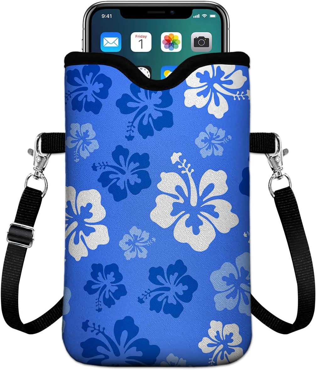Universal Phone Sleeve Pouch with Crossbody Strap 7.6 X 4.3 Inches Shockproof Water Resistant Mobile Protection Bag-Black Cat Floral Neoprene Phone Pouch Bag