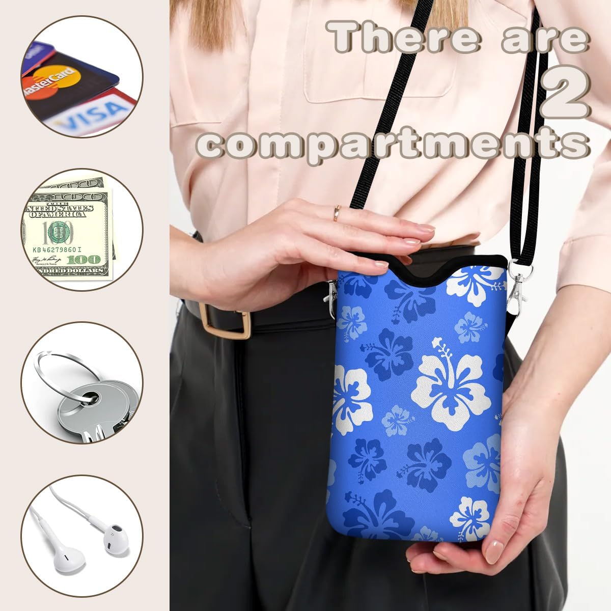 Universal Phone Sleeve Pouch with Crossbody Strap 7.6 X 4.3 Inches Shockproof Water Resistant Mobile Protection Bag-Black Cat Floral Neoprene Phone Pouch Bag